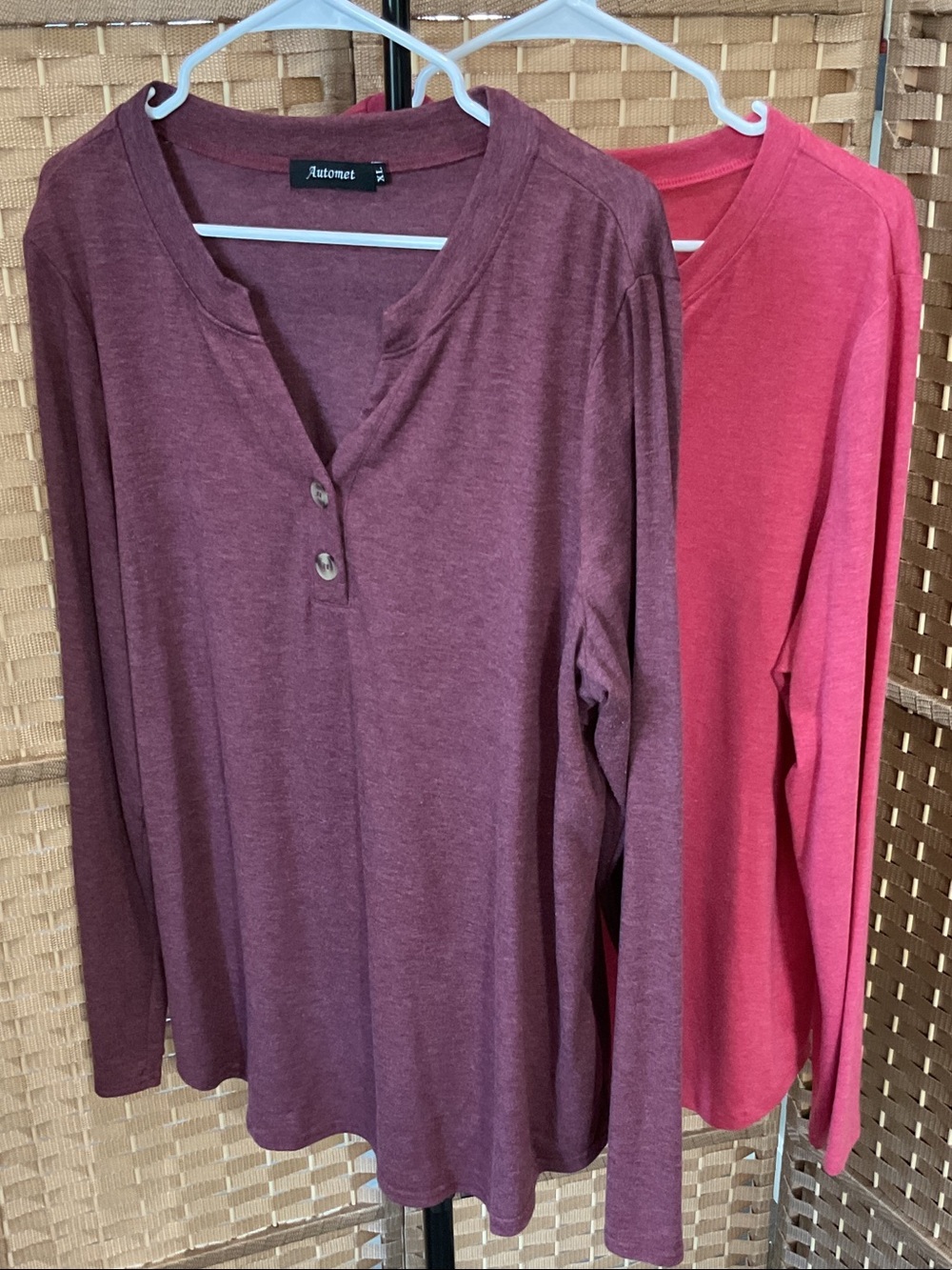 Set of Two Autonet Women's Long-Sleeve Henley Top - Berry Plum and Rose